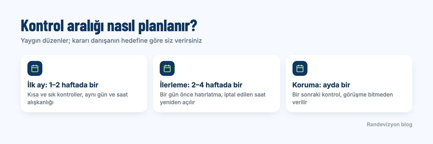Kontrol aralığı: ilk ay 1–2 haftada bir, ilerleme döneminde 2–4 haftada bir, koruma döneminde ayda bir