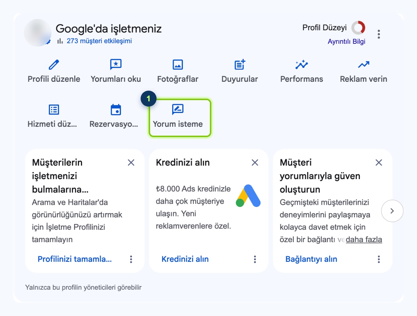 Google aramasındaki "Google'da işletmeniz" paneli: Yorum isteme düğmesi işaretli