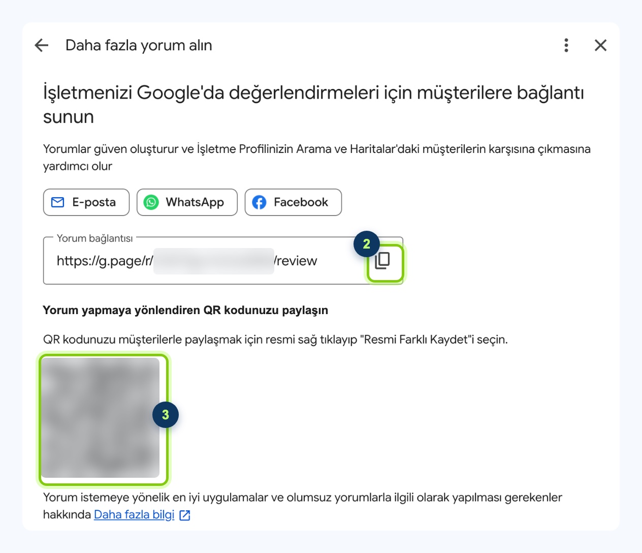 Google'ın Daha fazla yorum alın penceresi: yorum bağlantısının kopyala simgesi ve yorum QR kodu işaretli