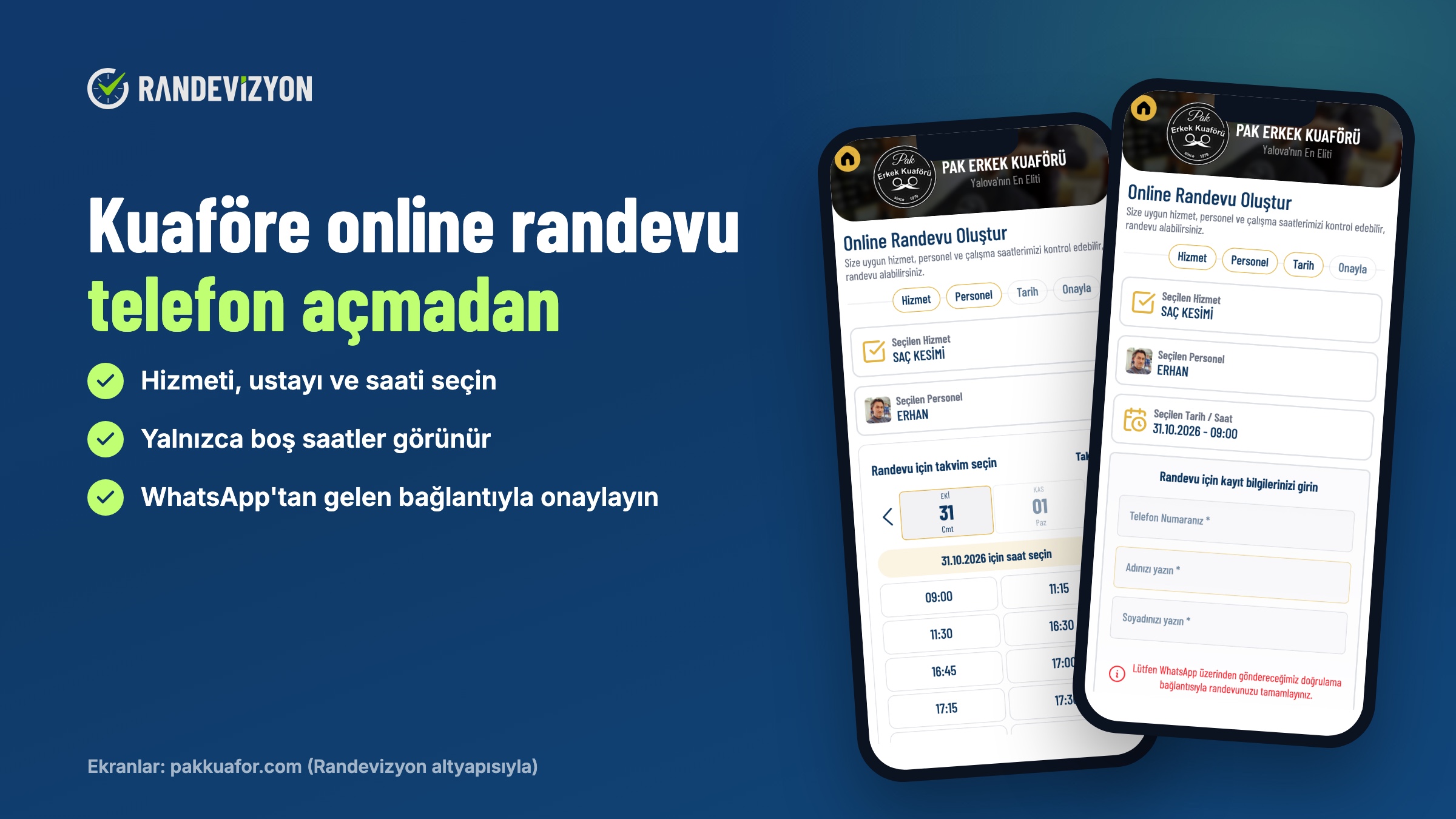 Pak Erkek Kuaförü'nün Randevizyon altyapılı sitesinde online randevu: tarih ve saat seçimi ile telefon, ad ve soyad girilen onay ekranı
