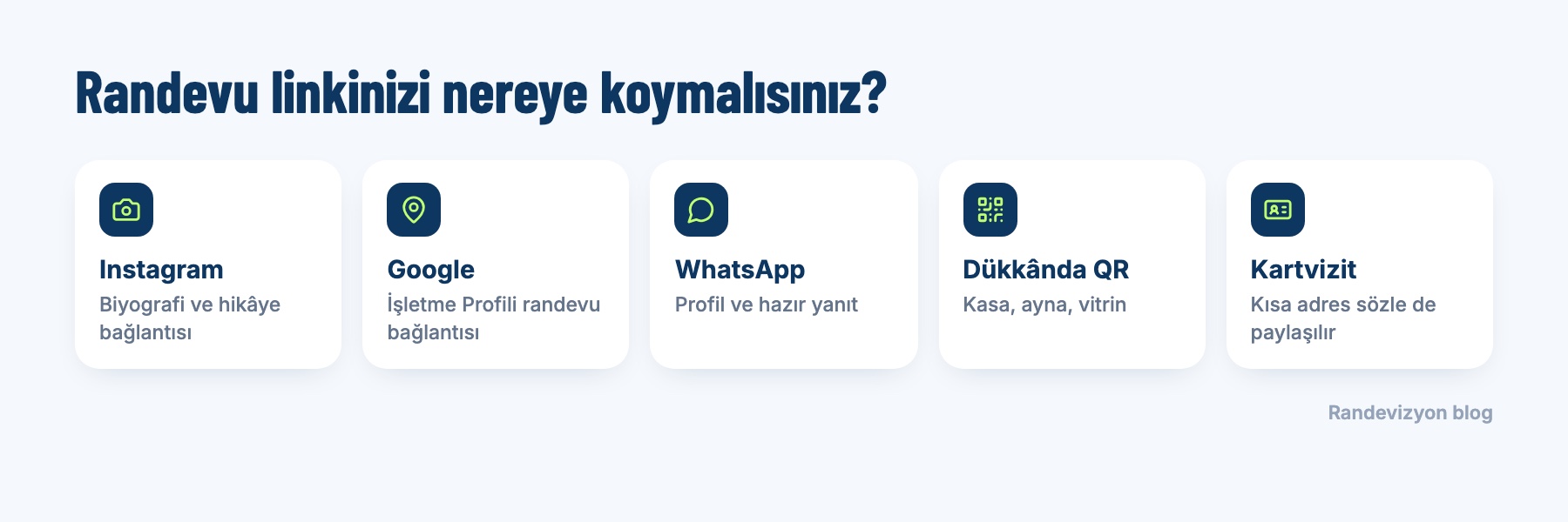 Randevu linkinin paylaşılacağı yerler: Instagram, Google İşletme Profili, WhatsApp, dükkânda QR kod, kartvizit